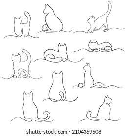 Set of different cat silhouette one line hand drawn for design