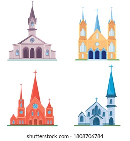 Set of different catholic churches. Objects of architecture in cartoon style.