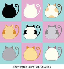 Set of different cat's backs and butts. Cute cat cartoon characters. Hand drawn flat vector illustration isolated on blue and pink background.