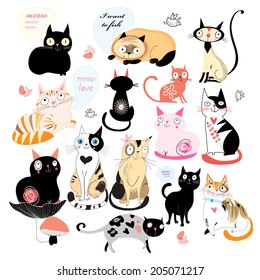 Set of different cats on a white background. Vector illustration 