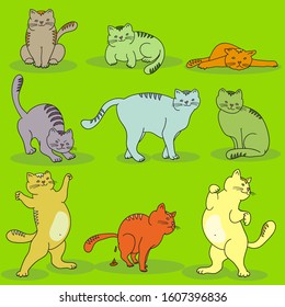 Set of different cats in different poses on green background. Pets concept cartoon character design. Vector illustration.