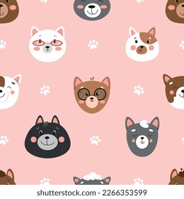 Set of different cats, seamless pattern with cats, cute pets pattern, different cats. illustration in flat style, cat face