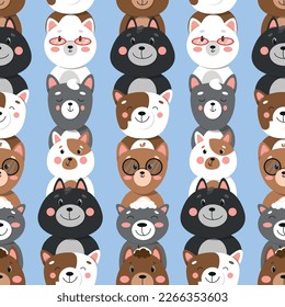Set of different cats, seamless pattern with cats, cute pets pattern, different cats. illustration in flat style, cat face