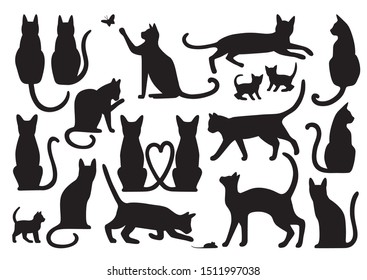 Set of different cats - walking, playful, sitting, sleeping cat. Vector isolated silhouettes