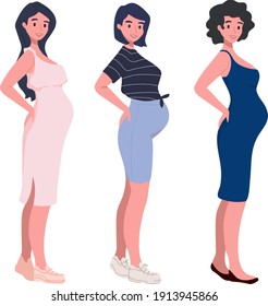 Set of different caucasian pregnant women in dress, sportswear, underwear. Future mother expecting baby. Motherhood. New born. Mother's Day. Women's Day. 