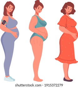 Set of different caucasian pregnant women in dress, sportswear, underwear. Future mother expecting baby. Motherhood. New born. Mother's Day. Women's Day. 