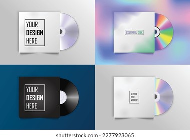 Set of different CD-DVD compact disc album and empty paper case template with shadow on background