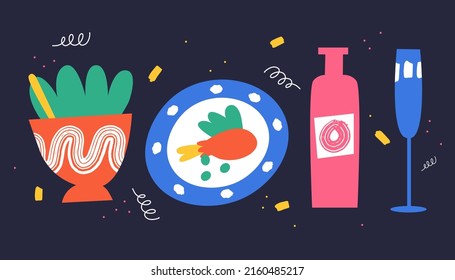 Set of different ceramic dishes in doodle style. Vector illustration.