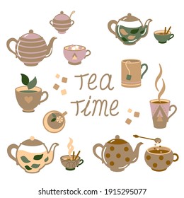 Set of different ceramic teapots and cups with tea. Set of illustration.