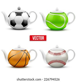 set of different ceramic teapots in form balls. Vector illustration. Isolated of white background.