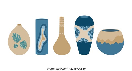 Set of different ceramic vases. Clay pottery in modern scandinavian style, abstract shapes. Home decoration objects. Hand drawn vector illustration isolated on white background in flat cartoon style.