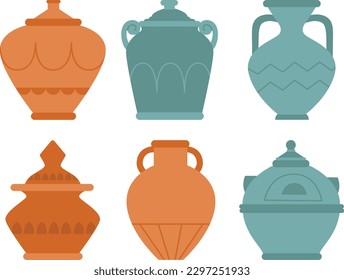 Set of different ceramic vases. Vector illustration in flat style.