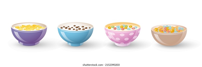 Set of different cereals and chocolate breakfast in colorful bowls. Cornflakes, chocolate ball, flakes, donut like shape with milk in bowl, flat design vector Vector illustration Flat vector