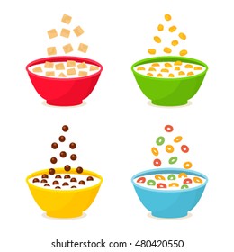 Set of different cereals and chocolate breakfast. Flat vector illustration isolated on white background