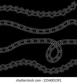 Set of different chains. 90s, 00s heart chain link decor elements collection . Vector linear illustration.