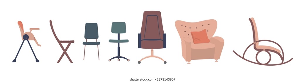 Set of different chairs. Concept of evolution of chairs on person life path. Baby feeding chair, office chair, rocking chair for pensioners. Vector