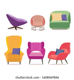 Set different chairs. Flat cartoon style vector illustration. Retro Furniture Vector. Isolated Cartoon