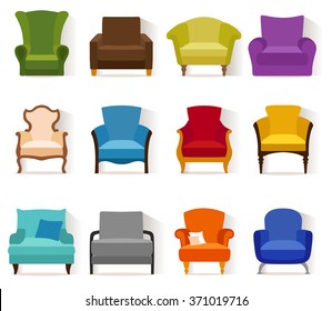 Set of different chairs in flat style. Collection of vector icons of armchairs.