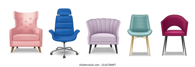 Set of different chairs, stools and armchairs for interior design, loft, classic or luxury living room isolated on white background. Realistic 3d vector illustration