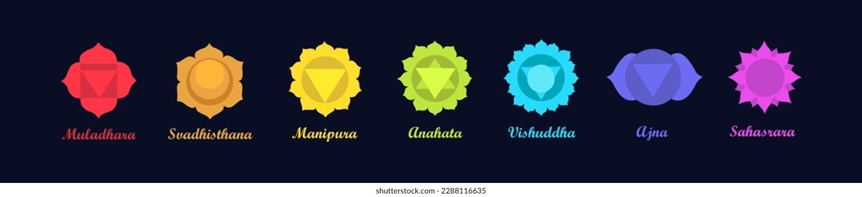 Set of different chakras on black background