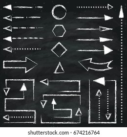 Set of different chalk arrows and geometric figures. Hand drawn illustration. Chalkboard background.