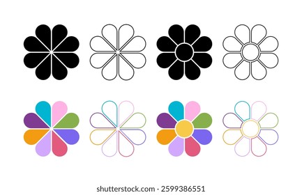 Set of different chamomile or gerbera flower silhouettes with 8 petals and core. Floral pie charts divided on equal parts in leaf shapes isolated on white background. Vector illustration.