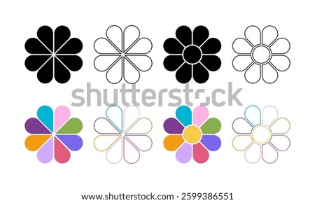 Set of different chamomile or gerbera flower silhouettes with 8 petals and core. Floral pie charts divided on equal parts in leaf shapes isolated on white background. Vector illustration.