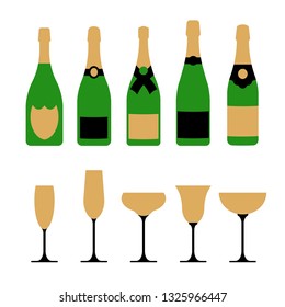 Set of different champagne bottles and glasses. Vector isolated.