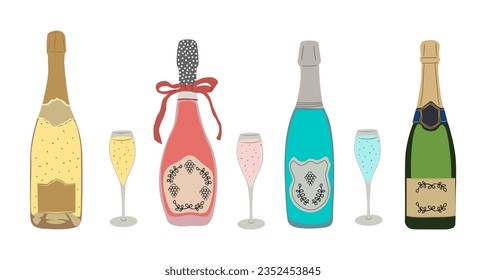 Set of different Champagne bottles with glasses. Prosecco, brut, rose, blue sparkling wine. Celebration Christmas, New Year, wedding, anniversary alcohol drink. Vector illustrations isolated on white