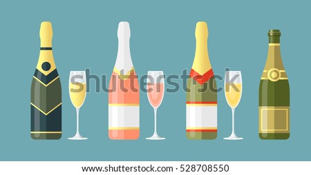 Set of different champagne bottles with glasses
