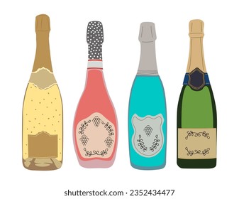 Set of different Champagne bottles. Prosecco, brut, rose, blue sparkling wine. Celebration Christmas, New Year, wedding, anniversary traditional alcohol drinks. Vector illustrations isolated on white