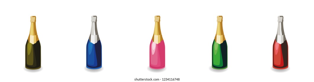 Set of different champagne bottles. Vector illustration.