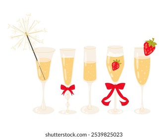 Set of different champagne glasses. Ripe strawberries. Festive drink, toast. Bengal fire. Flat vector illustration on white background.