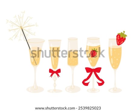Set of different champagne glasses. Ripe strawberries. Festive drink, toast. Bengal fire. Flat vector illustration on white background.