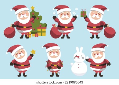 Juego de personajes de diferentes personajes lindo Santa Claus y caja de regalos, árbol de navidad. Elementos de diseño aislados en el fondo azul para la decoración banner, afiche, volante, tarjeta de saludo. Estilo de caricatura. EPS vectoriales