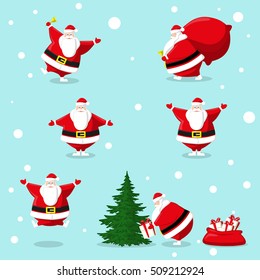 Set of different character cute Santa Claus and gifts box, bell, christmas tree. Design elements isolated on blue background for decoration banner, poster, flyer, greeting card. Cartoon style. Vector