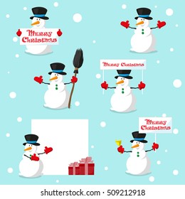 Set of different character cute Snowman and gifts box, banner, bell and poster. Design elements isolated on blue background for decoration banner, poster, flyer, greeting card. Cartoon style. Vector