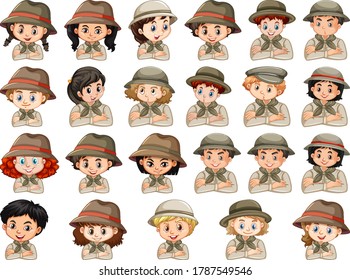 Set of different characters of boys and girls scout costume on a white background illustration