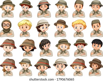 Set of different characters of boys and girls scout costume on a white background illustration