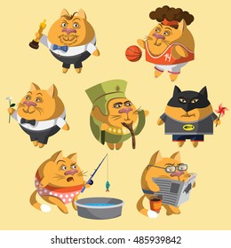 Set of different characters ginger cats flat style. Round Cartoon character in different actions vector
