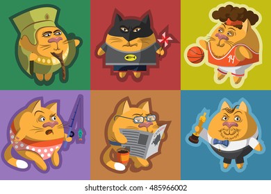 Set of different characters ginger cats flat style on colorful backgrounds. Round Cartoon character in different actions vector