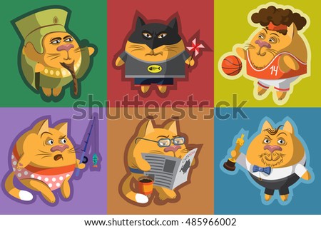 Set of different characters ginger cats flat style on colorful backgrounds. Round Cartoon character in different actions vector