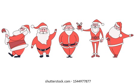  Set of different characters of Santa Claus in a minimalistic flat style in different poses.
