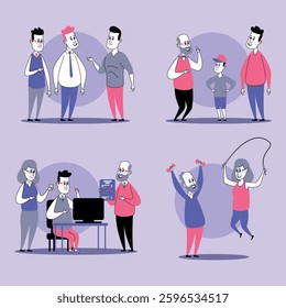 Set of different characters in social interactions and activities, including exercising, working on computer, and having conversations in playful setting