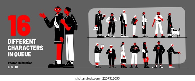 Set Of Different Characters Standing In Long Queue. Diverse People, Adult, Old Persons, Kid, Girl With Dog And Student Using Phone Waiting In Line, Vector Flat Illustration