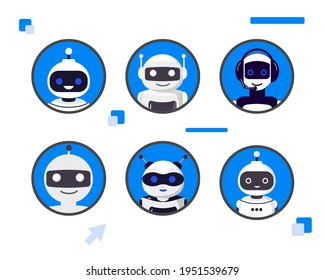 Set of different chat bot heads vector illustration Collection of cyborg characters Set of flat robot avatars for apps and games, web-design, media, social networks icons