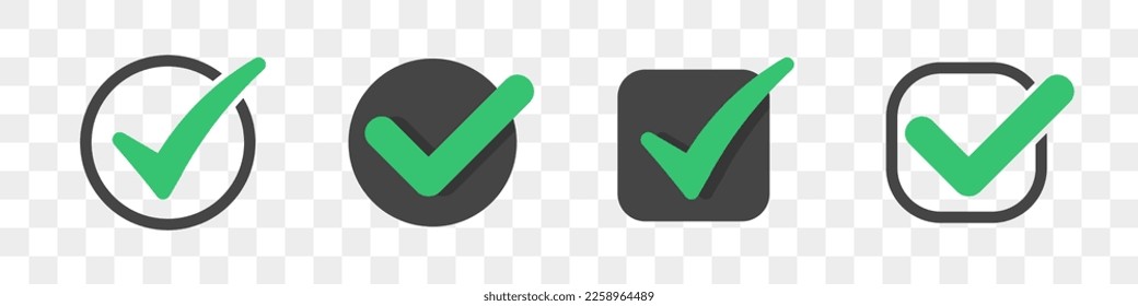 Set of different check icons on a transparent background. Green and black tick icons