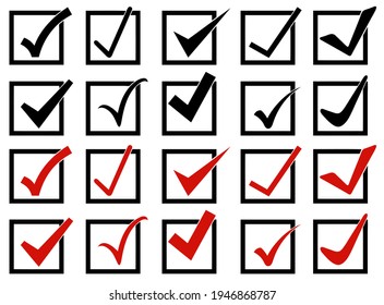 Set of different check mark icons in boxes isolated on white