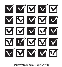 Set of different check marks in boxes. Confirmation acceptance, voting agreement, completion of tasks on a list