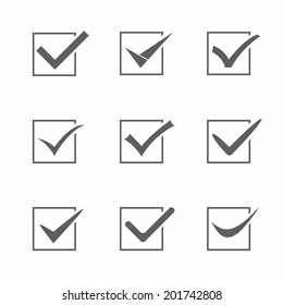 Set different check marks or ticks in boxes conceptual of confirmation acceptance positive passed voting agreement true or completion of tasks on a list